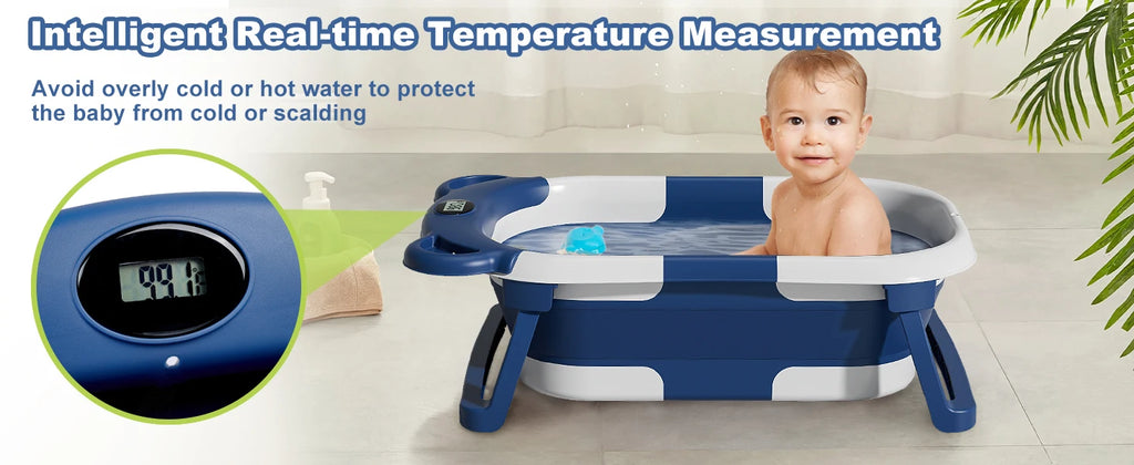 Collapsible Baby Portable Travel Bathtub - with Thermometer and Soft Floating Cushion