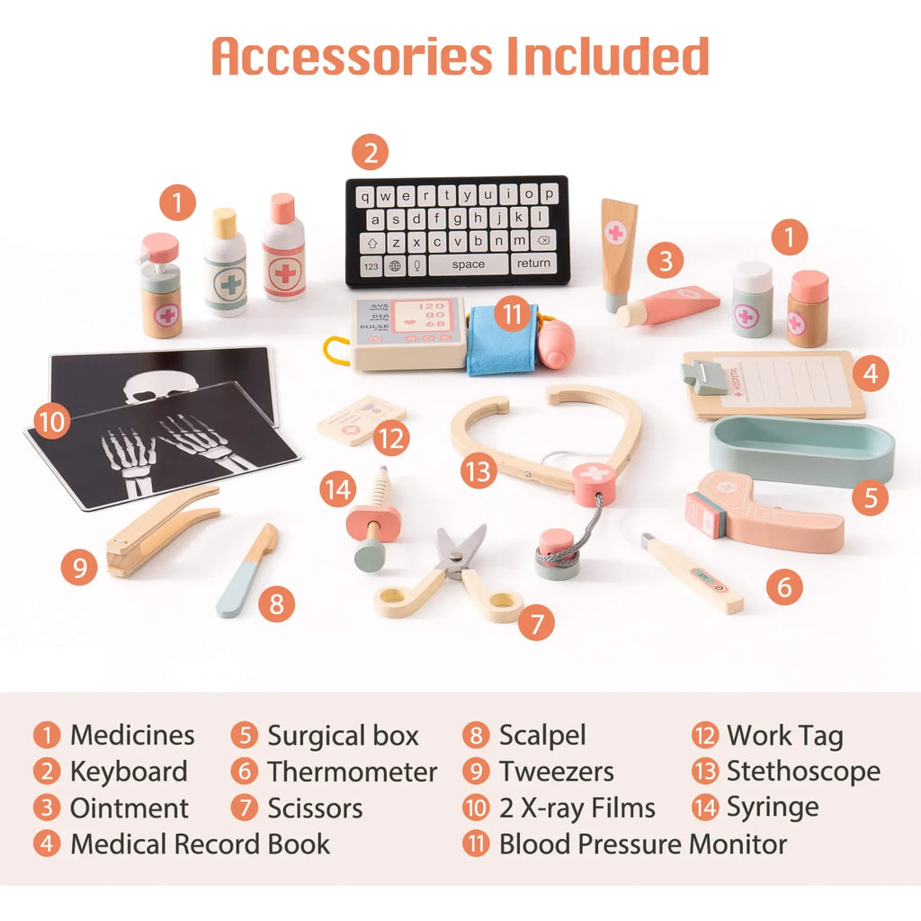 Wooden Montessori Pretend Play Doctor/Nurse Hospital Activity Center with Accessories for Kids