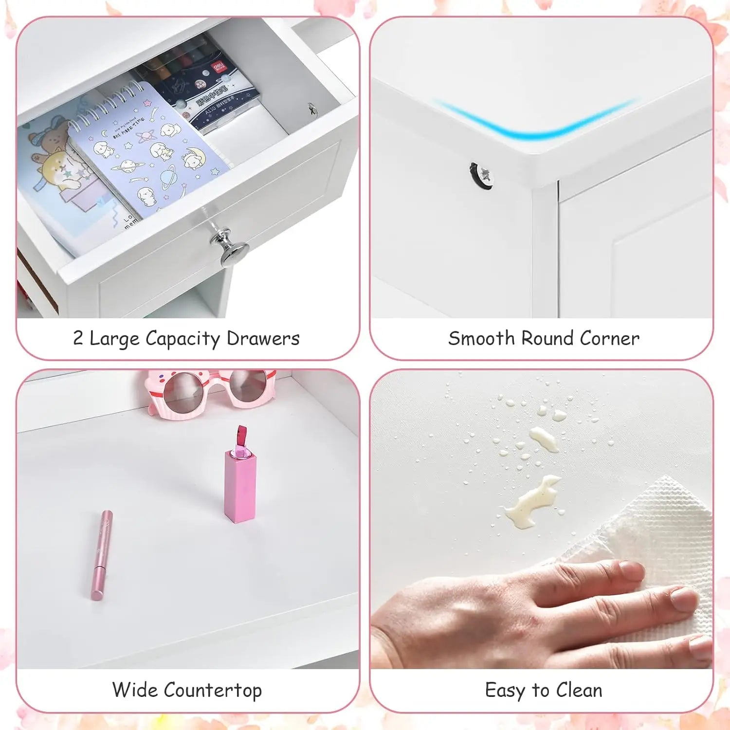 Wooden Girls Vanity - 2 in 1 Princess Makeup Desk & Chair Set with Tri-Folding Detachable Mirror and Large Storage Shelves.