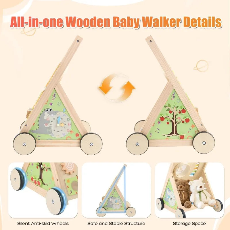 Wooden Baby Walker Push Toy with Wheels, Activity Center and Storage for 6-12 Months Learning to Walk.