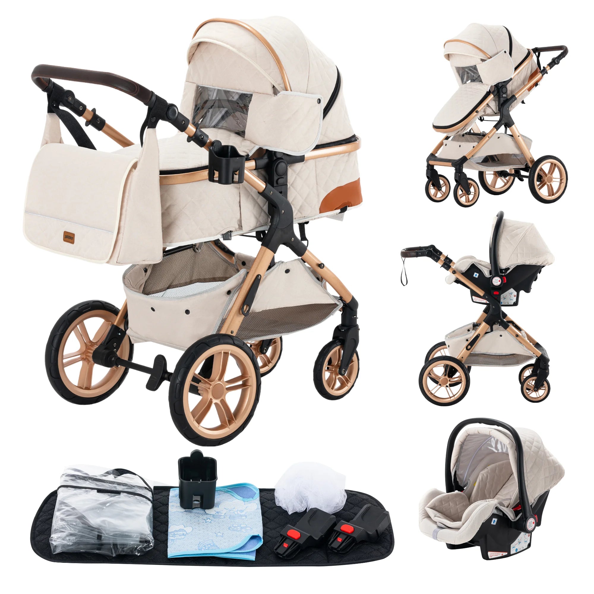 Deluxe Baby Stroller - 3-in-1 Lightweight Stroller Travel System - Multifunctional Pram with Aluminum Frame