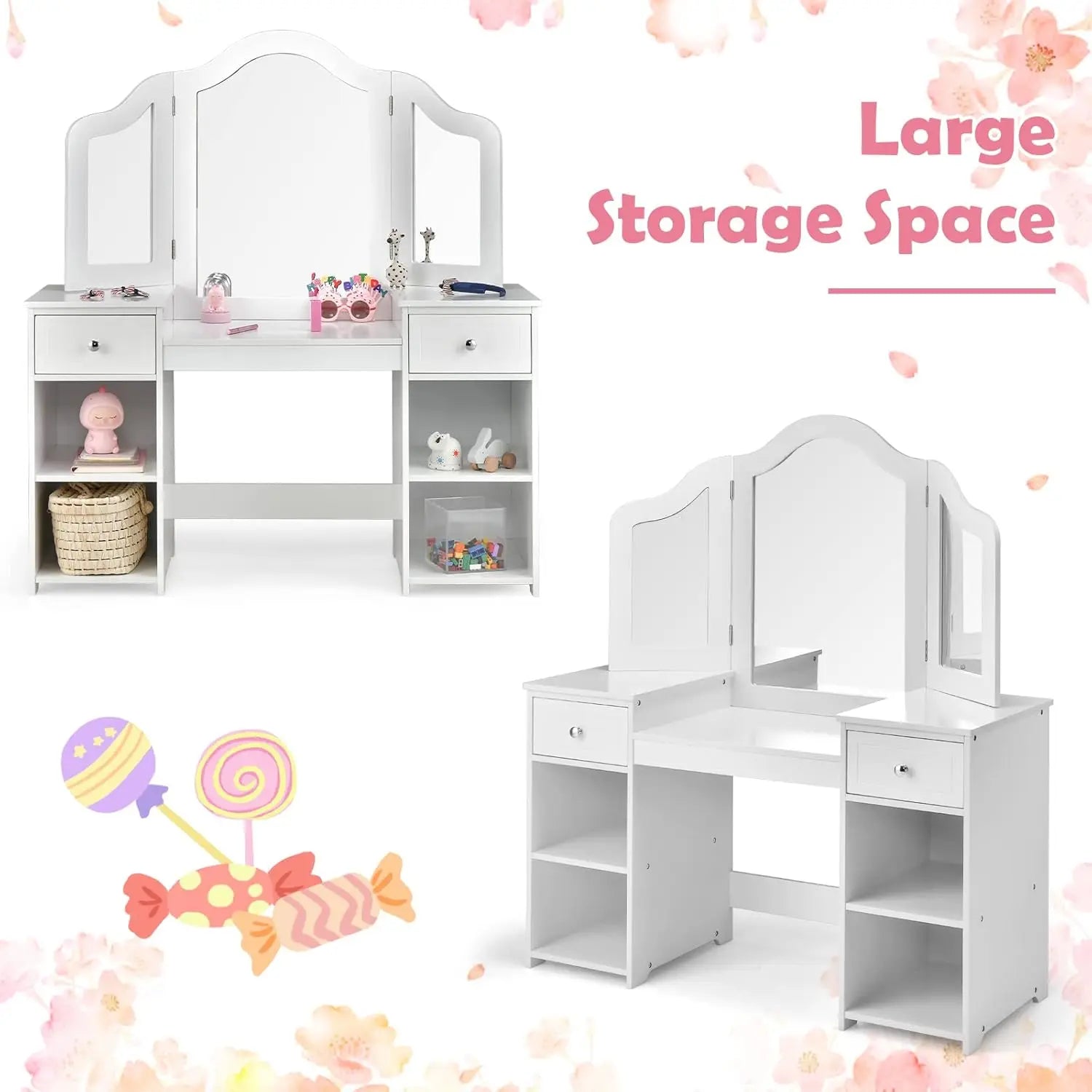 Wooden Girls Vanity - 2 in 1 Princess Makeup Desk & Chair Set with Tri-Folding Detachable Mirror and Large Storage Shelves.