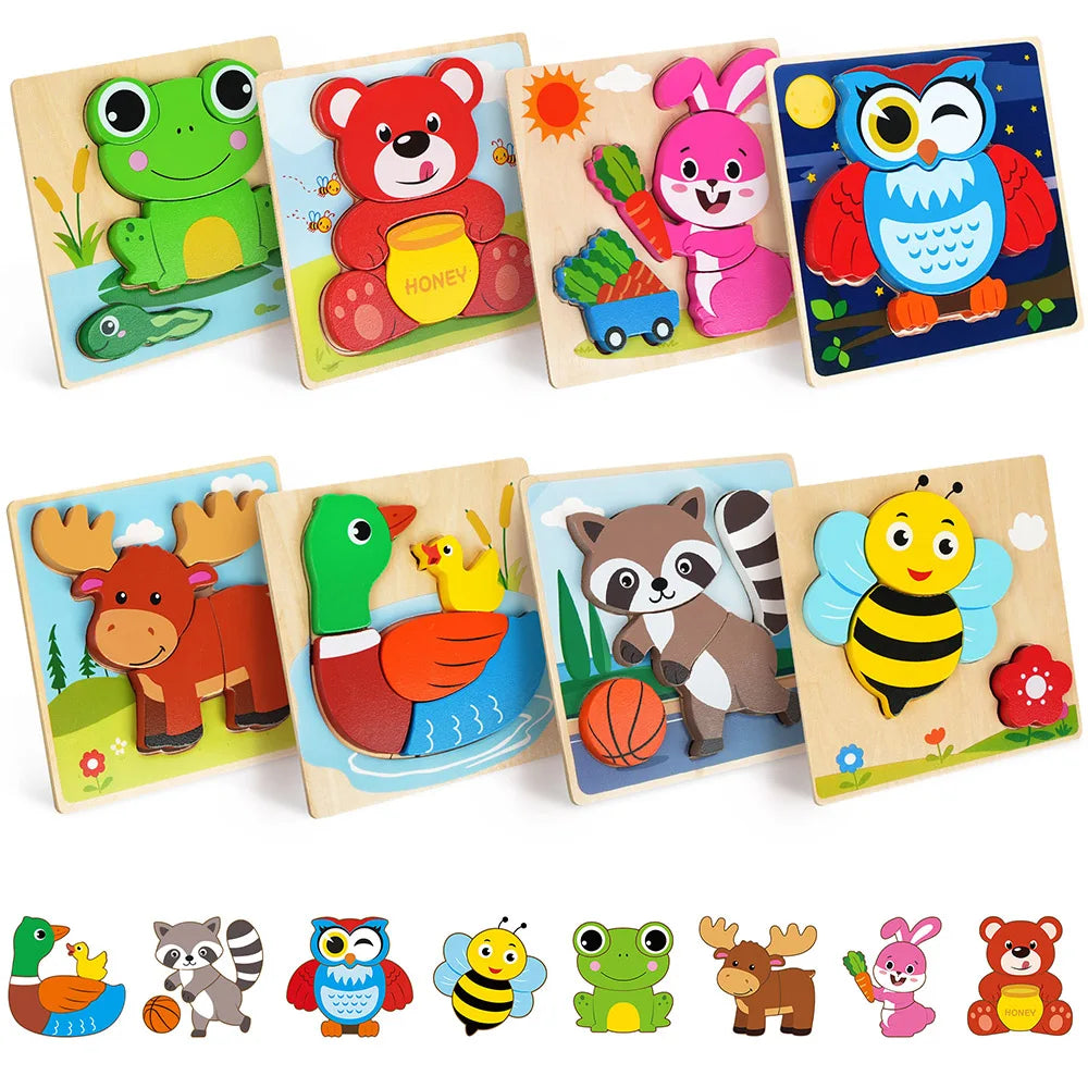 8 Pack Educational Wooden Animal Puzzles for Toddlers.