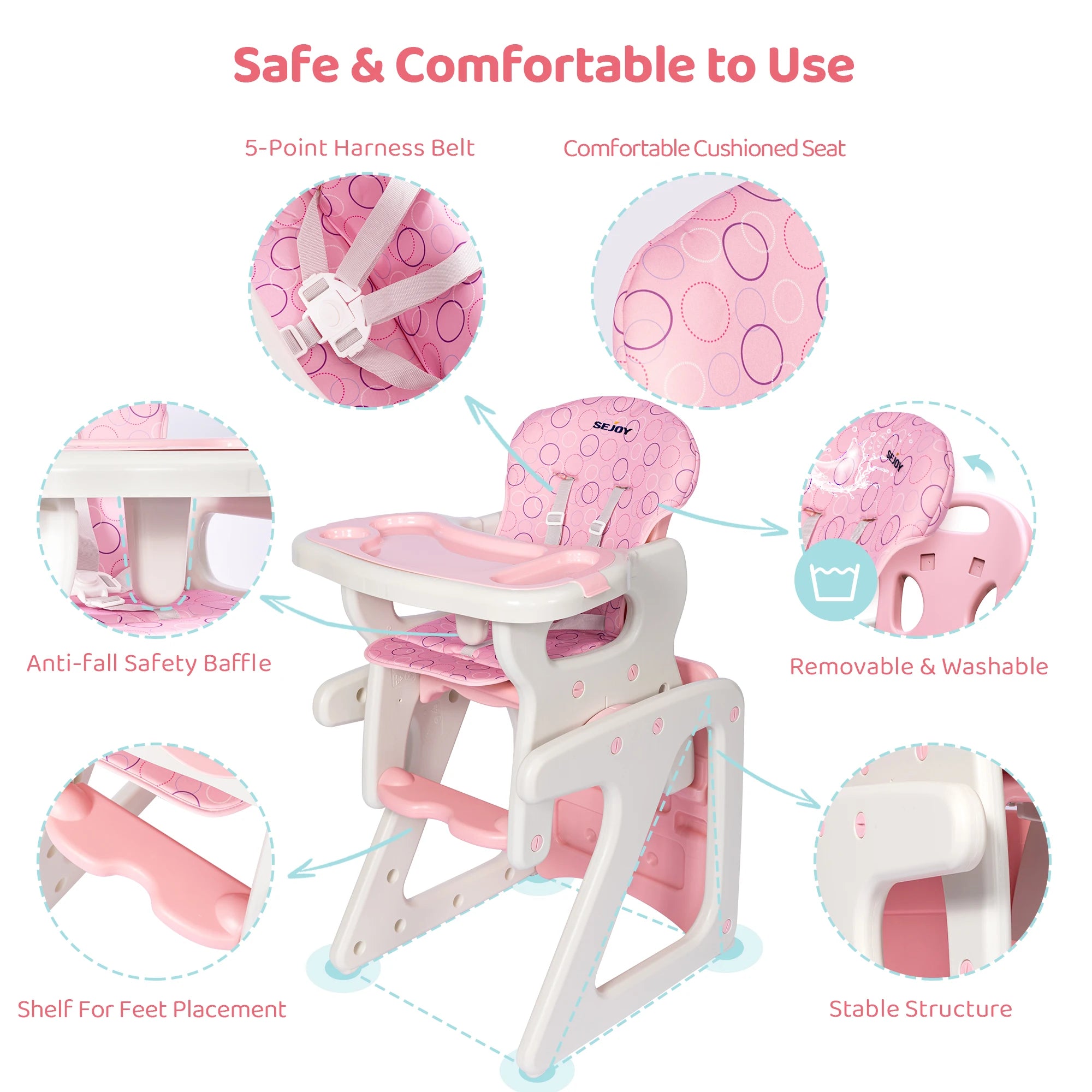 Baby High Chair - 3 in 1 Infant Table and Chair Set, Convertible Booster Seat with 3-Position Adjustable Feeding Tray, Adjustable Seat Back, 5-Point Harness - for 6 mnths to 3 yrs.