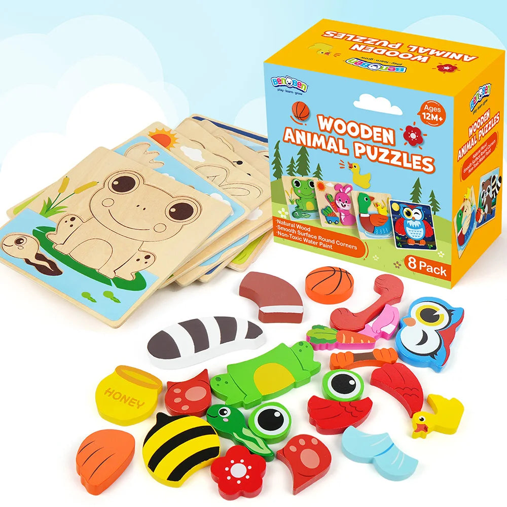 8 Pack Educational Wooden Animal Puzzles for Toddlers.