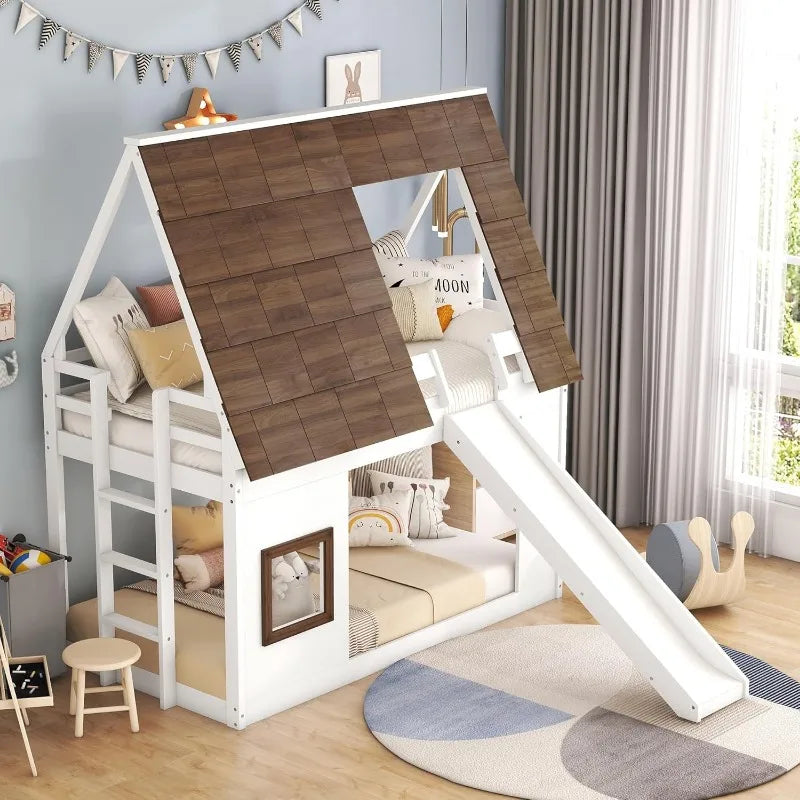 Wooden Twin Over Bunk Bed Frame with Roof, Window, Ladder and Slide for Boys and Girls