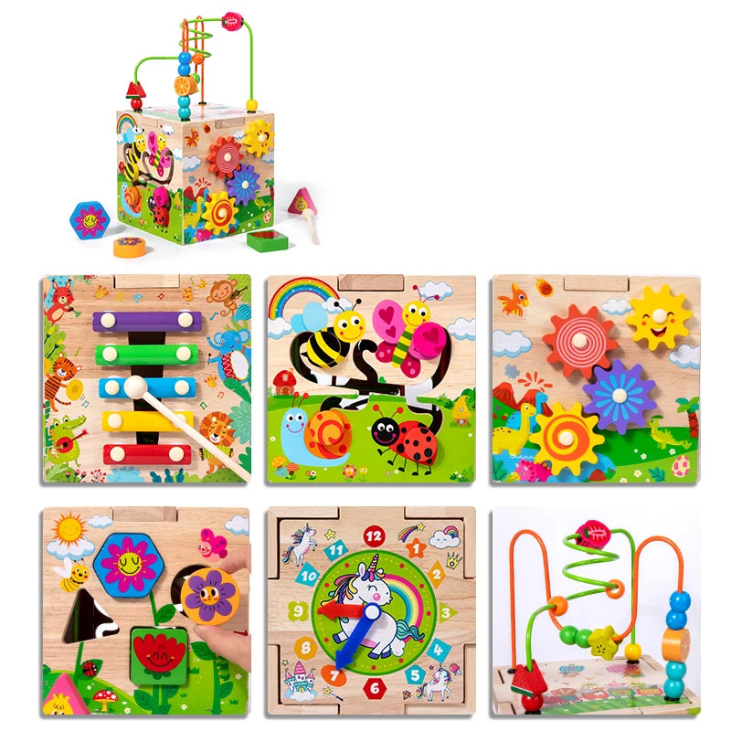 Wooden Montessori Educational Busy 4 sided Activity Cube for Toddlers.