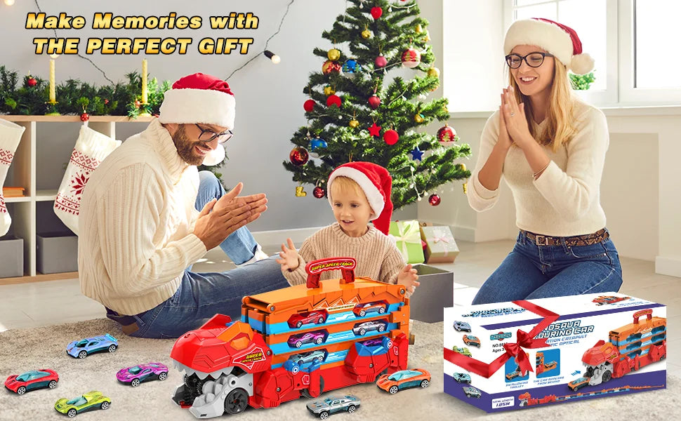 Dinosaur 3-In-1 Transport Truck Toy for Boys Age 3+ - 8 Race Cars Ejection Folding Portable ck Toy with Sound for Kids