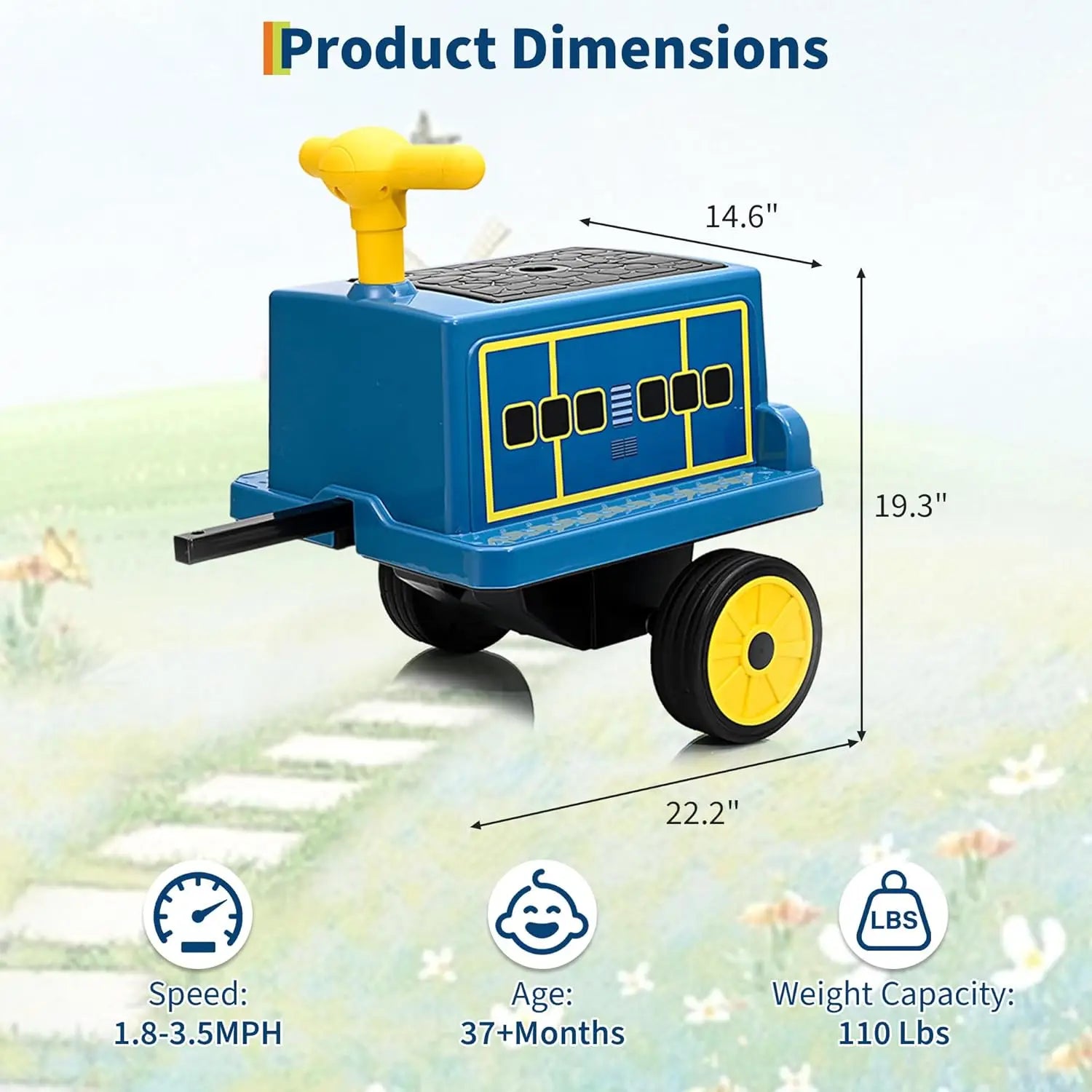 2 Seater Ride On Trackless Train - 12V Battery Operated Kids Ride On Toy with Height Adjustable Seat, Storage Space and add-on Carriage.