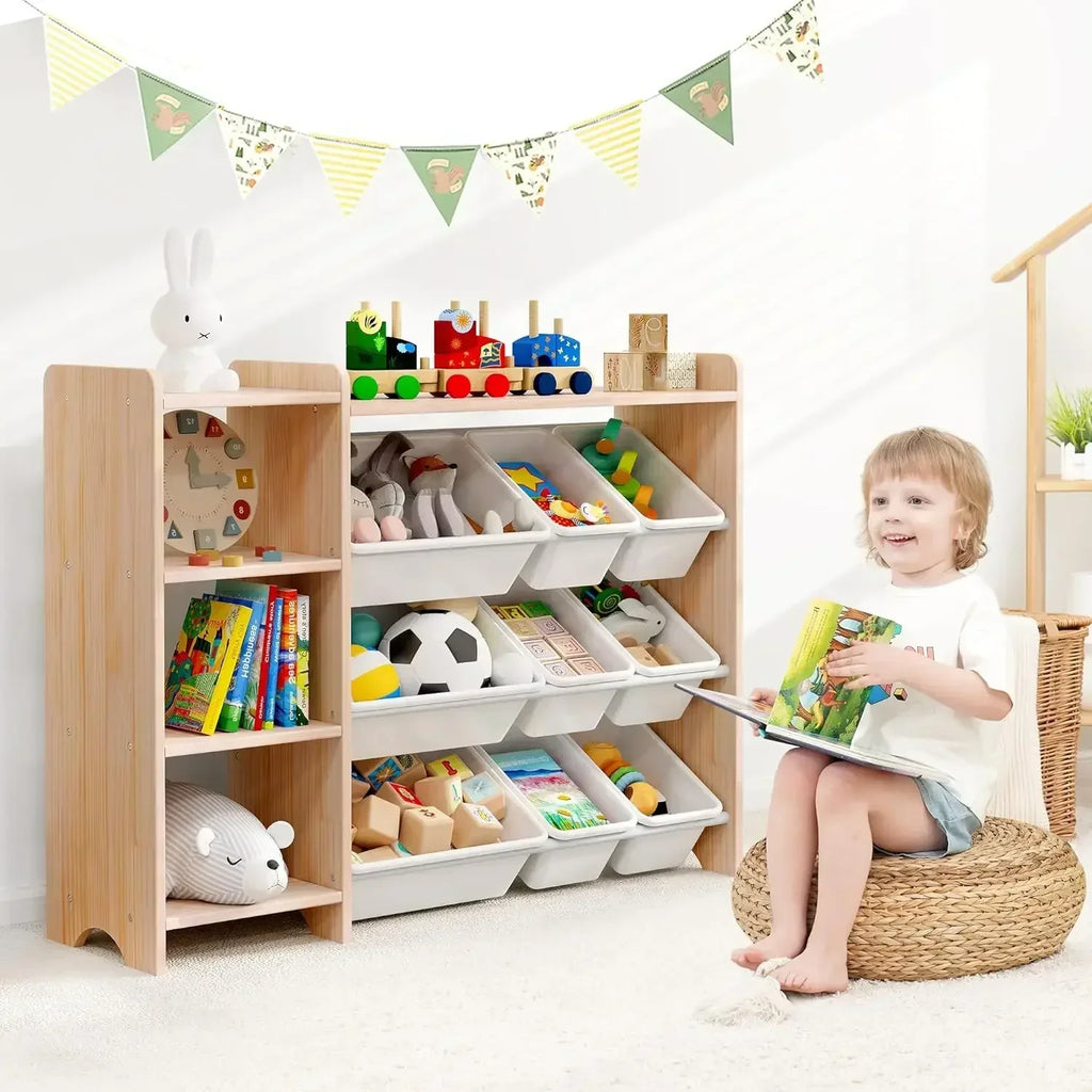 Wooden 4-Tier Kids Toy Storage Organizer Shelf - with 9 Plastic Bins and 3 Shelves.