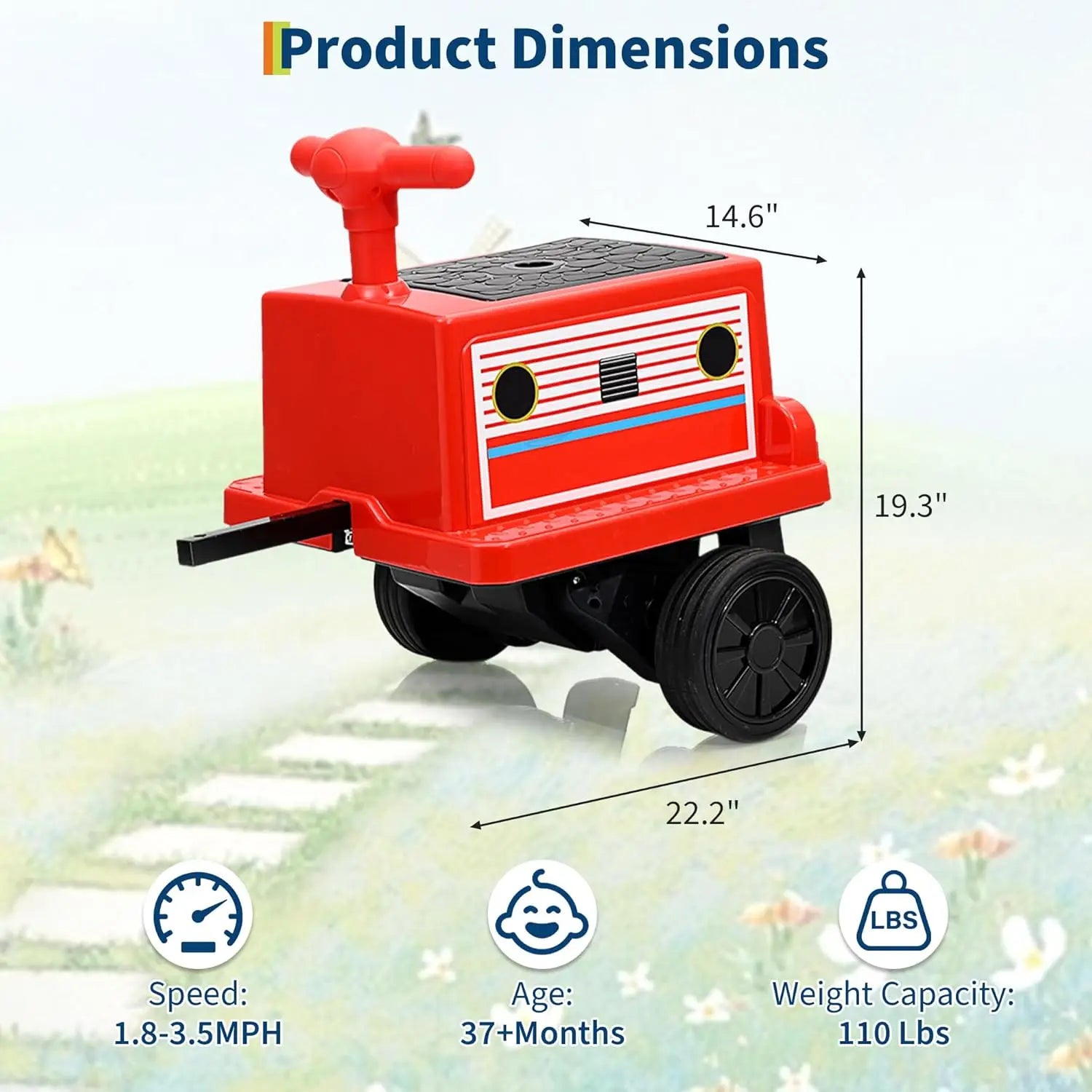 2 Seater Ride On Trackless Train - 12V Battery Operated Kids Ride On Toy with Height Adjustable Seat, Storage Space and add-on Carriage.