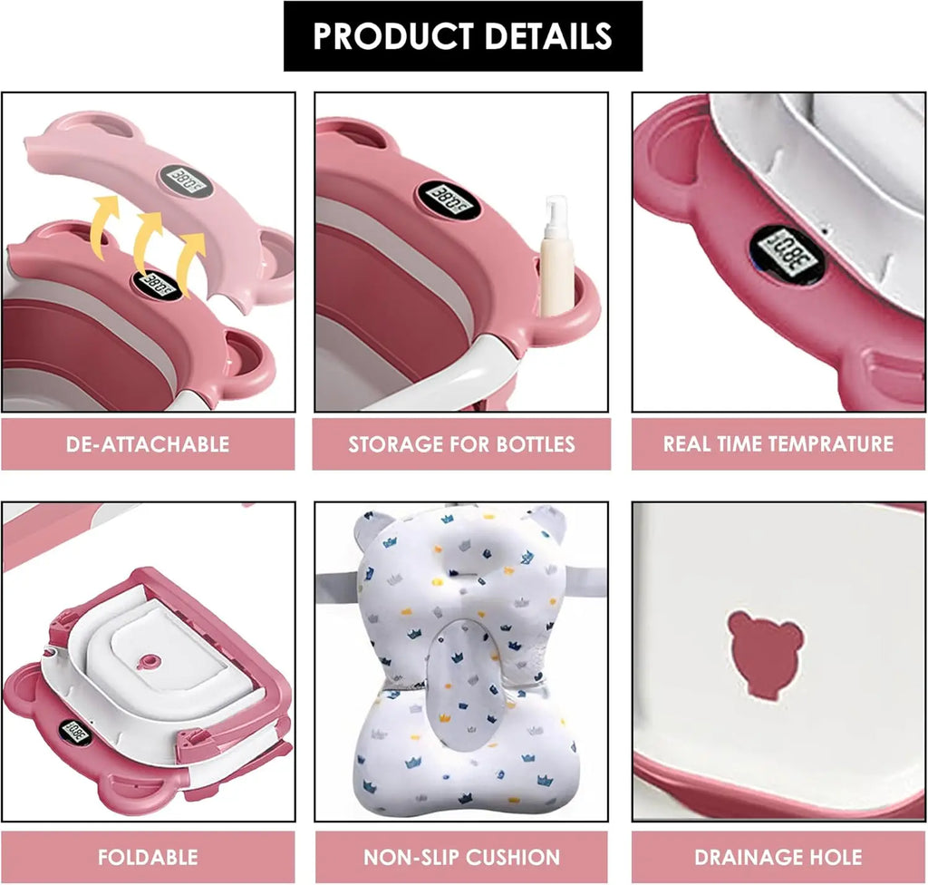 Collapsible Baby Portable Travel Bathtub - with Thermometer and Soft Floating Cushion