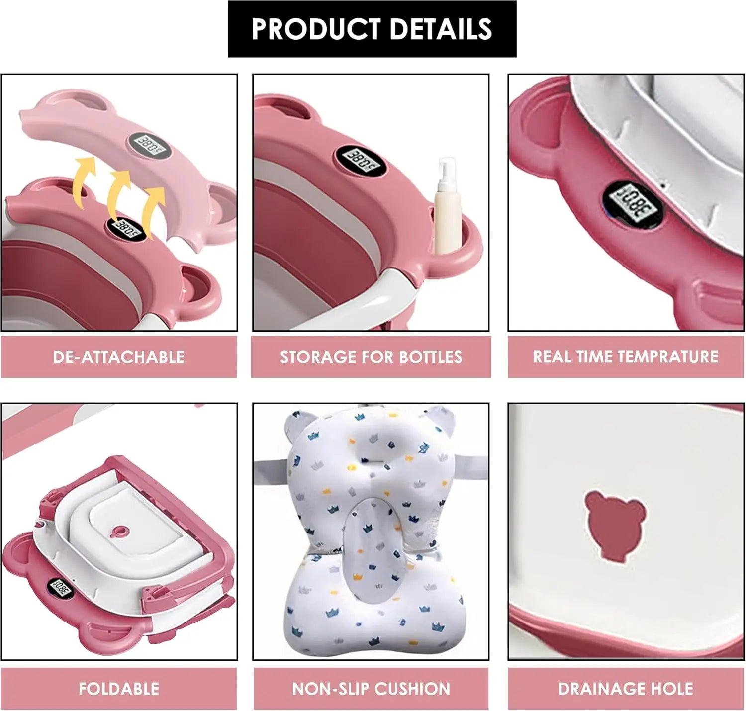 Collapsible Baby Portable Travel Bathtub - with Thermometer and Soft Floating Cushion
