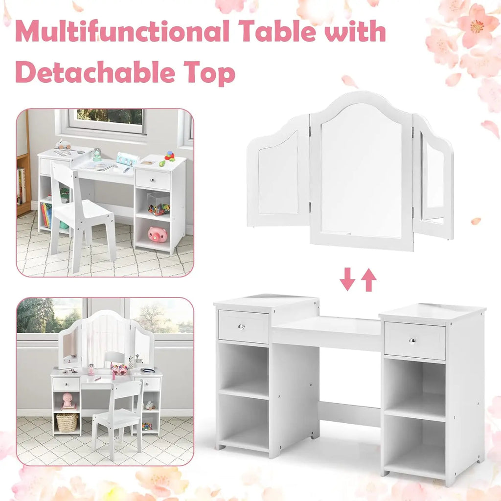 Wooden Girls Vanity - 2 in 1 Princess Makeup Desk & Chair Set with Tri-Folding Detachable Mirror and Large Storage Shelves.