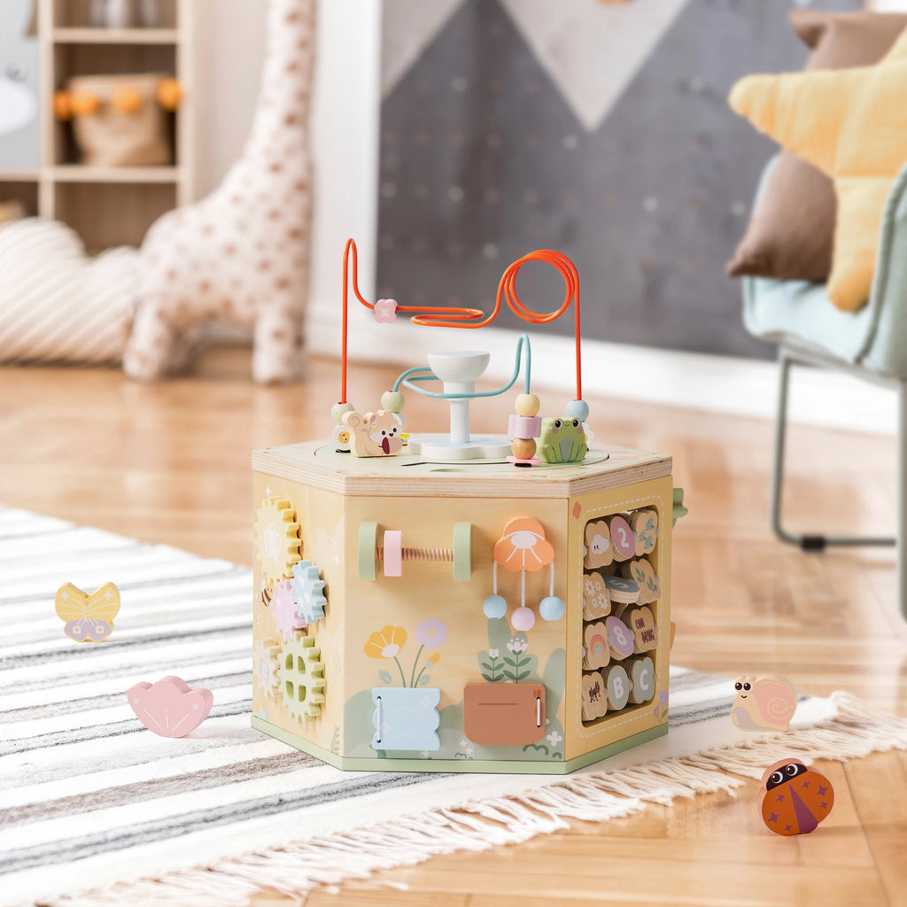 Wooden Educational 13 in 1 Montessori Baby Activity 6 x Sided Busy Cube Toy for Toddlers