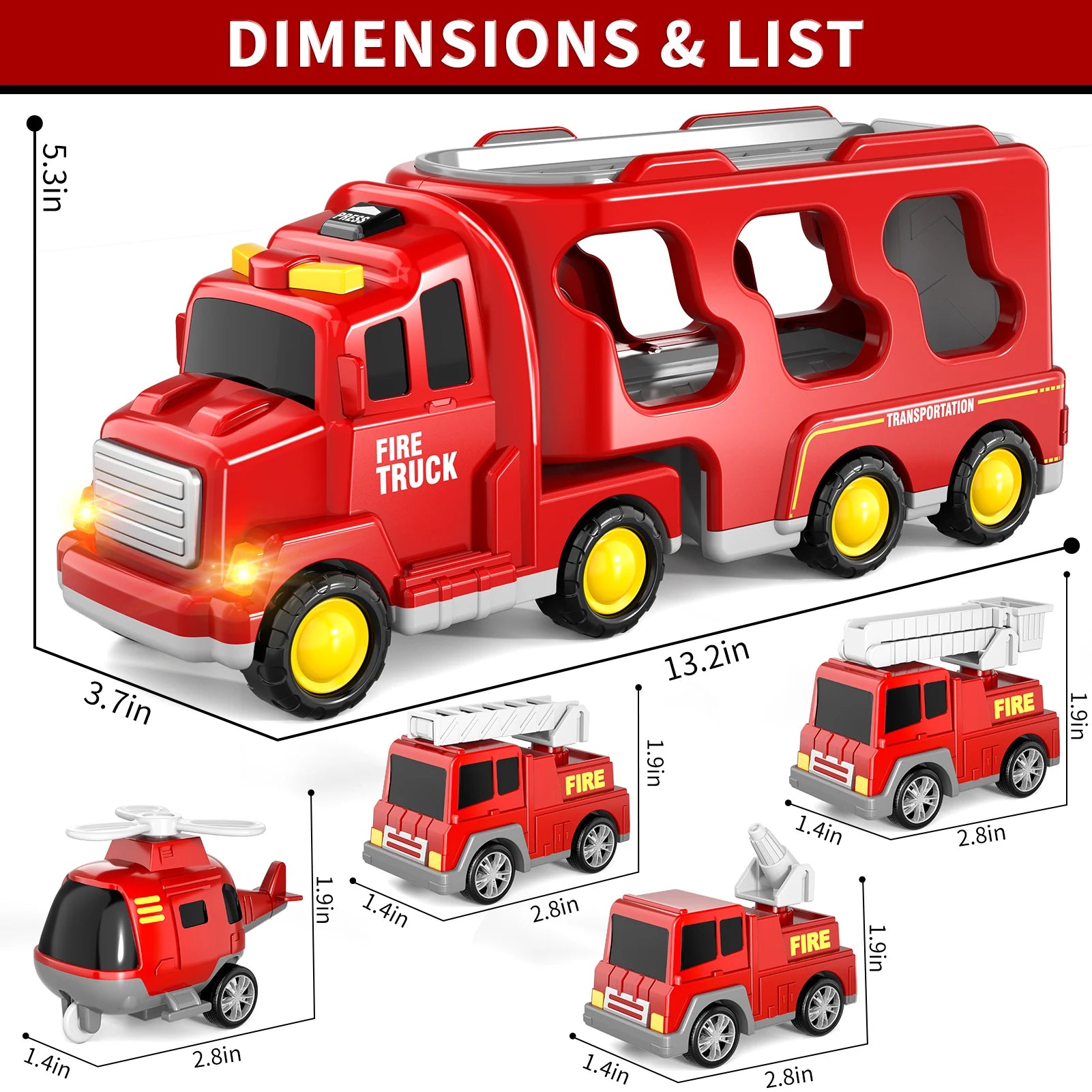 5 In 1 Fire Carrier Truck With Light And Sound Mini Helicopter and Crane Cars for Boys Age 1-5