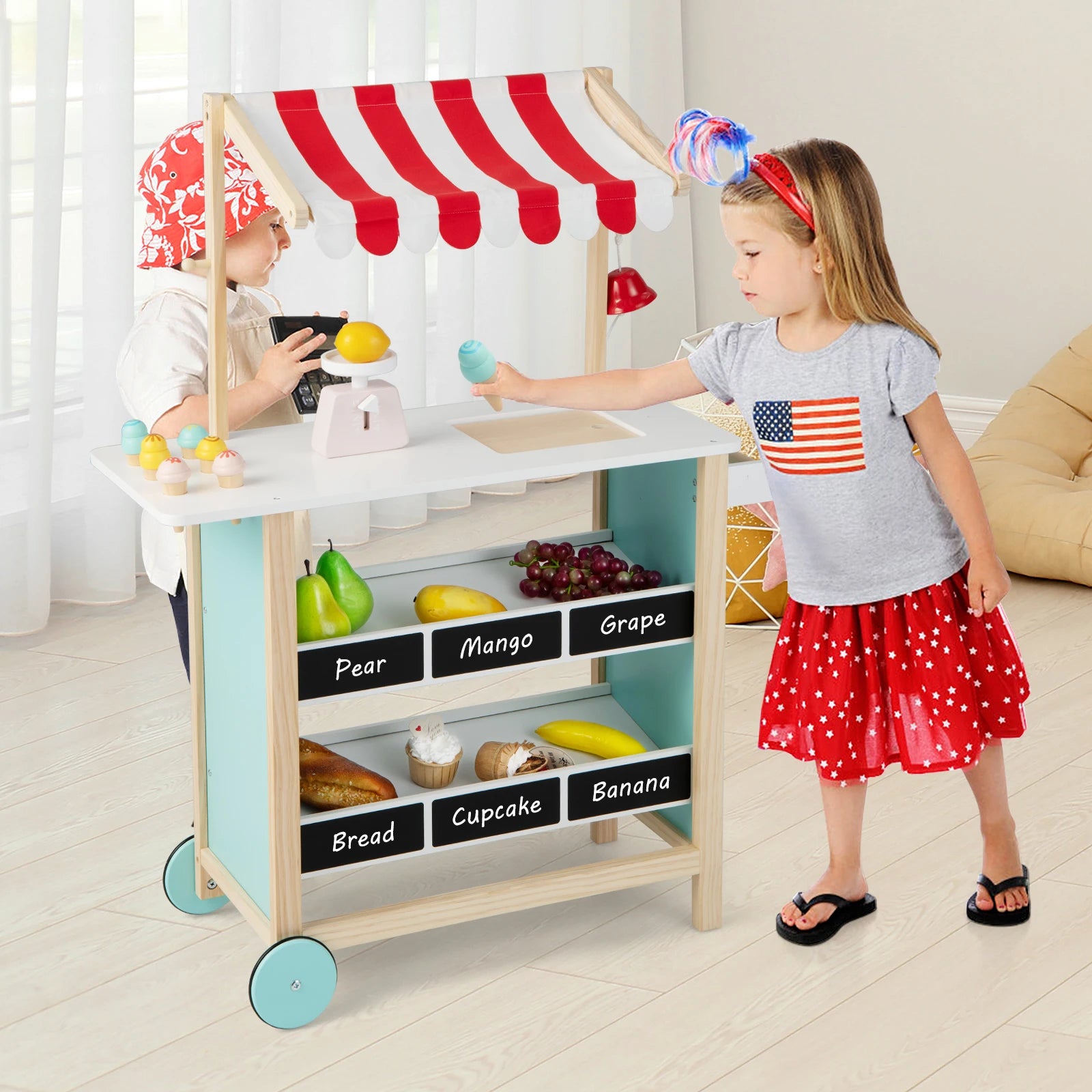 Wooden Montessori Kids Ice Cream Cart Toy Set with Ice Cream Making Counter, Scale, Bell, Display Shelves, Black Board and Canopy.