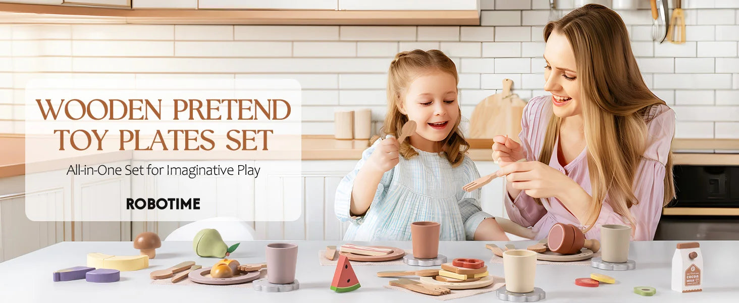 Wooden Montessori Pretend Play Kitchen Dishes - 29PCS Set of Plates and Dishes
