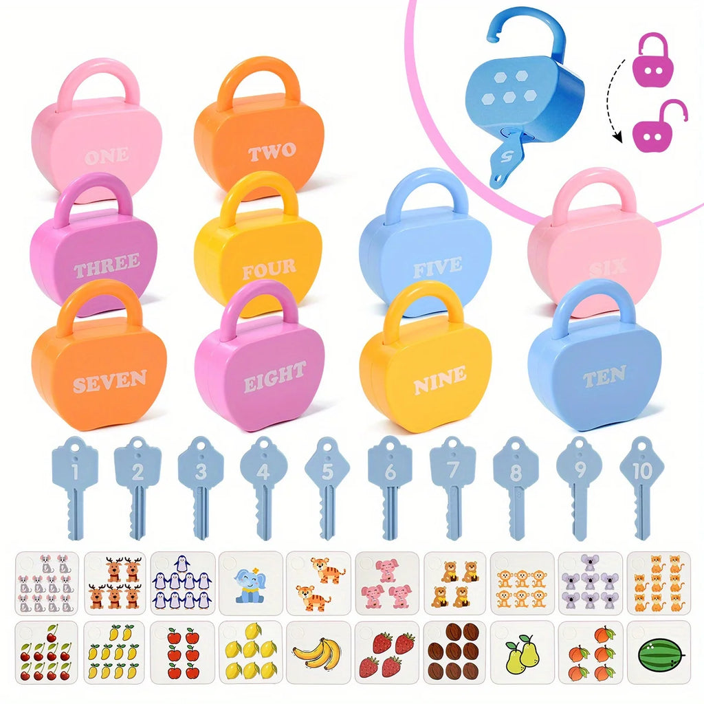 Montessori Educational Learning - Number Matching Counting Apple Locks and Keys with Cards - Toy for Kids 2-5yrs