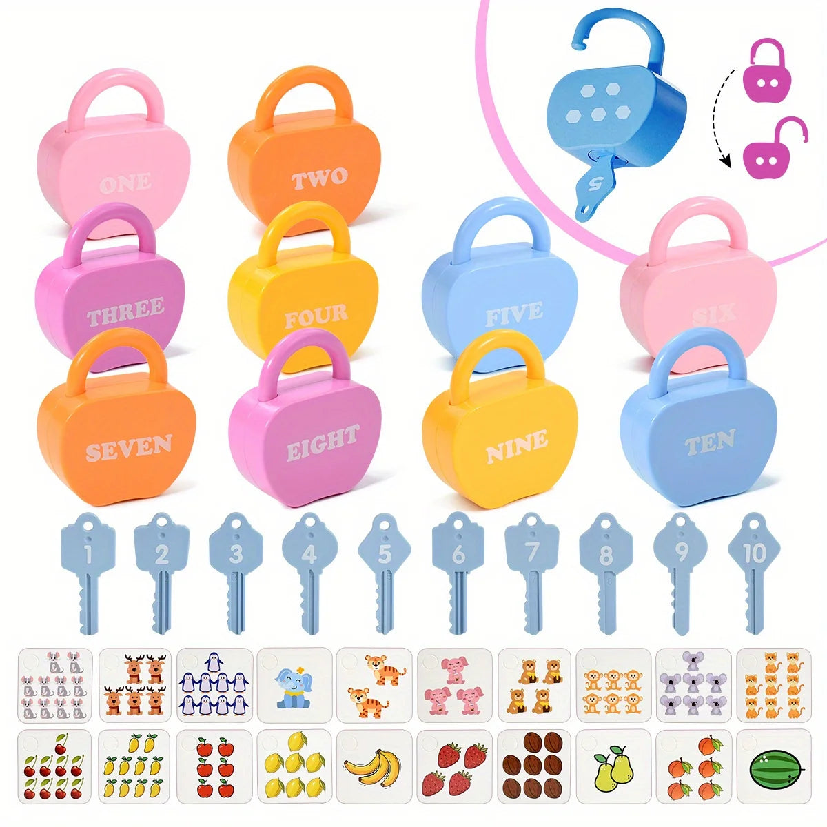 Montessori Educational Learning - Number Matching Counting Apple Locks and Keys with Cards - Toy for Kids 2-5yrs