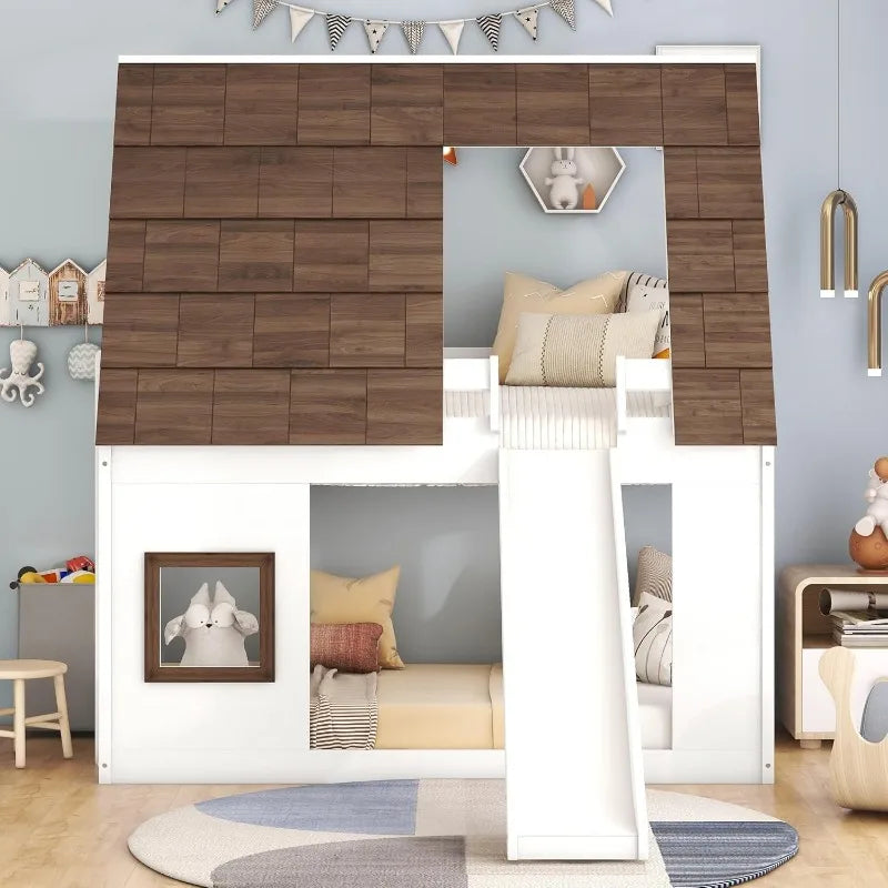 Wooden Twin Over Bunk Bed Frame with Roof, Window, Ladder and Slide for Boys and Girls