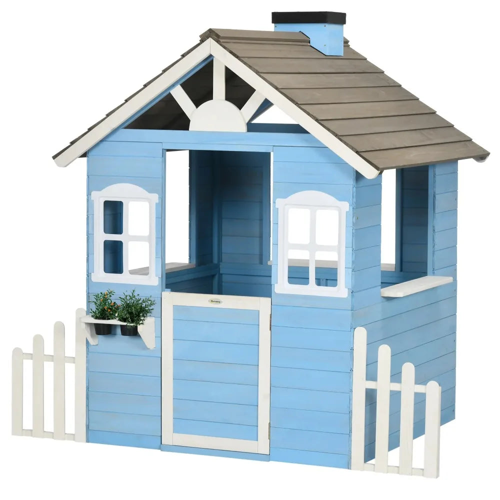 Wooden Outdoor Playhouse for Kids - Country Style Playhouse with Flower Pot Holders, Working Door, Windows