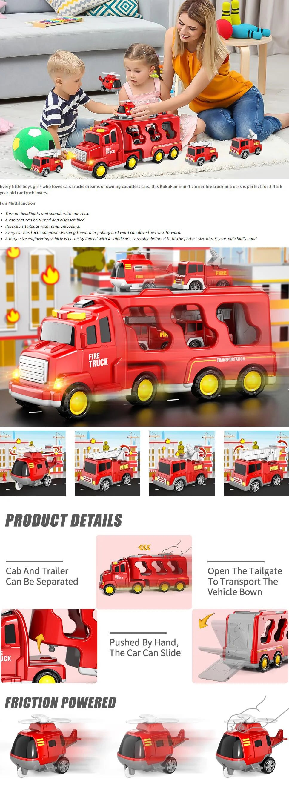 5 In 1 Fire Carrier Truck With Light And Sound Mini Helicopter and Crane Cars for Boys Age 1-5
