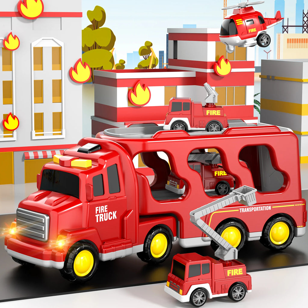 5 In 1 Fire Carrier Truck With Light And Sound Mini Helicopter and Crane Cars for Boys Age 1-5