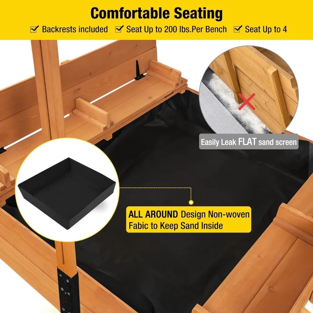Wooden Outdoor Sandbox Playset with Adjustable Canopy and Foldable Bench Seats for Kids