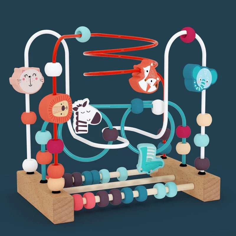 Montessori Wooden Circles Bead Wire Maze Roller Coaster with Colorful Animals, Fruits, Shapes - Educational Counting Toy.