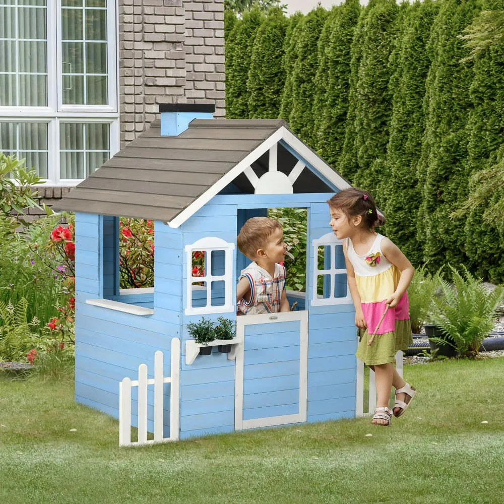 Wooden Outdoor Playhouse for Kids - Country Style Playhouse with Flower Pot Holders, Working Door, Windows