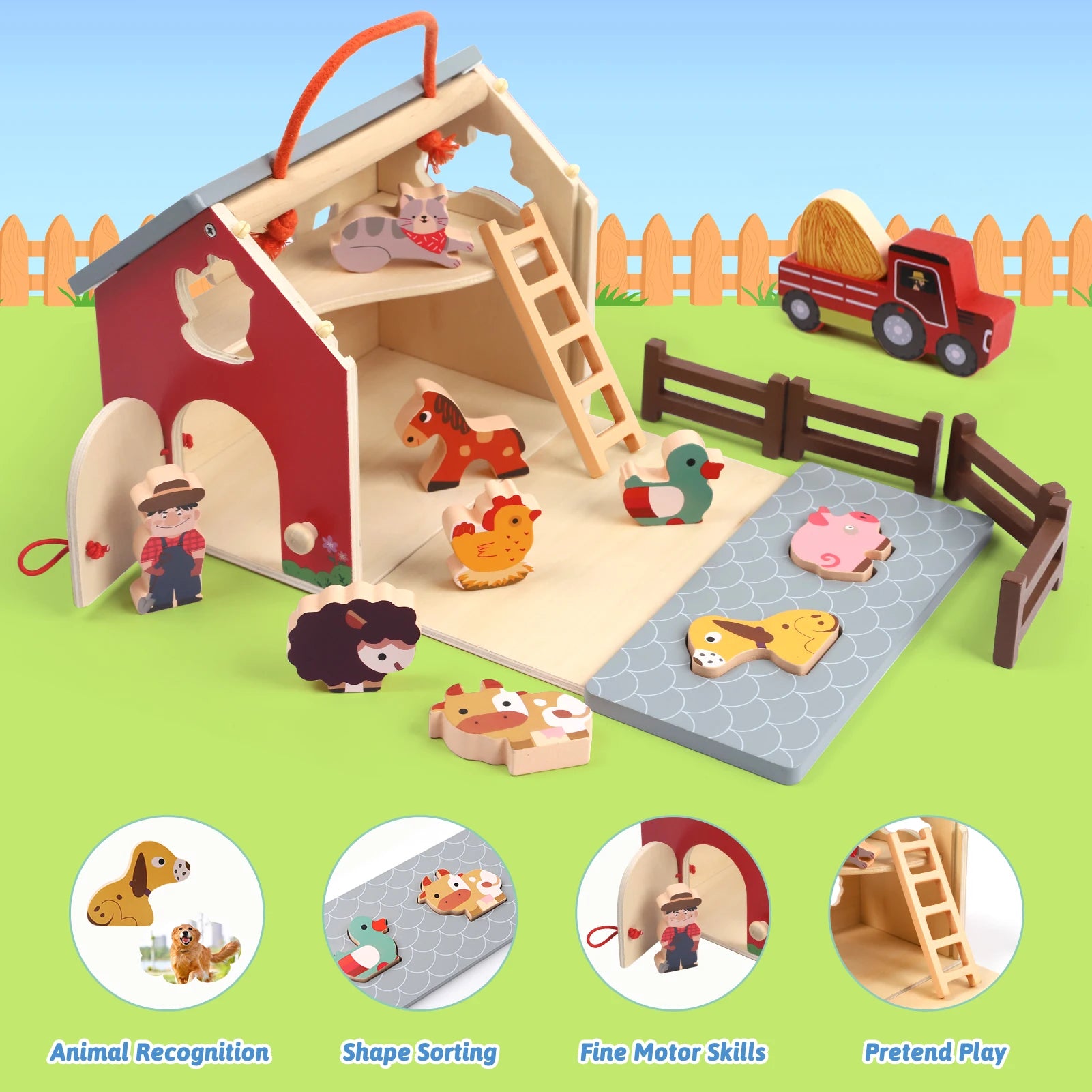 Wooden Educational Montessori Farm Playset 17 piece with Farm Animals, Big Barn and Tractor