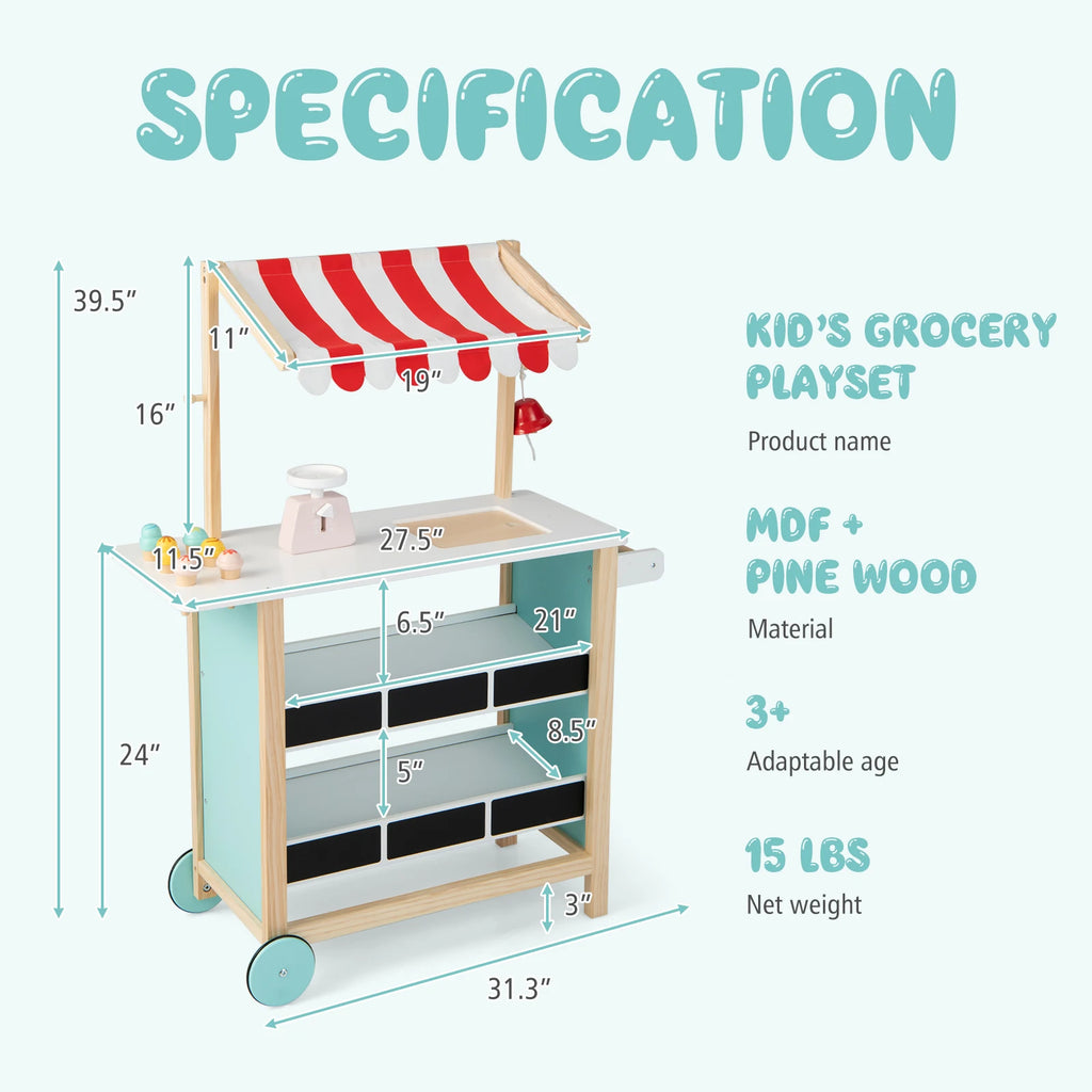Wooden Montessori Kids Ice Cream Cart Toy Set with Ice Cream Making Counter, Scale, Bell, Display Shelves, Black Board and Canopy.