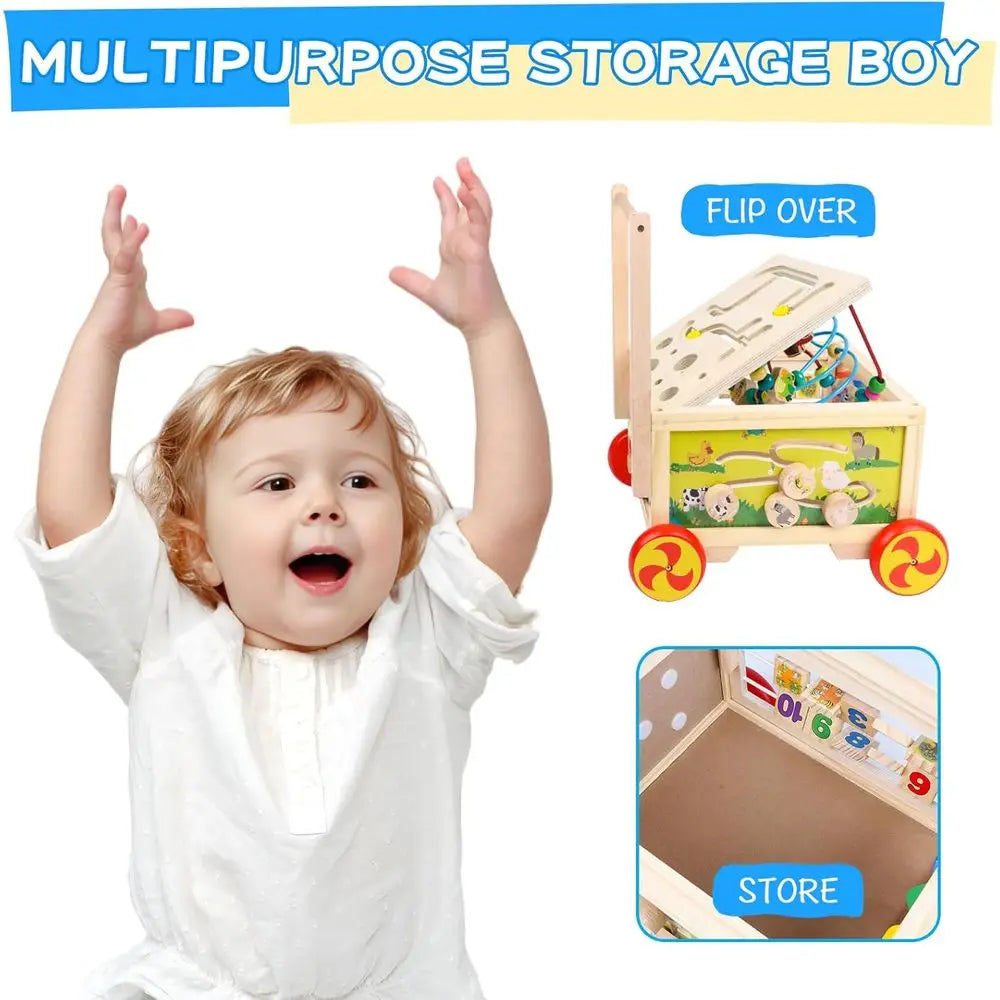 Montessori Educational 7 - 1 Wooden Push Walker Activity Busy Cube with Maze, Gears, Numbers and More