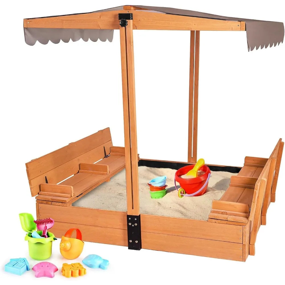 Wooden Outdoor Sandbox Playset with Adjustable Canopy and Foldable Bench Seats for Kids