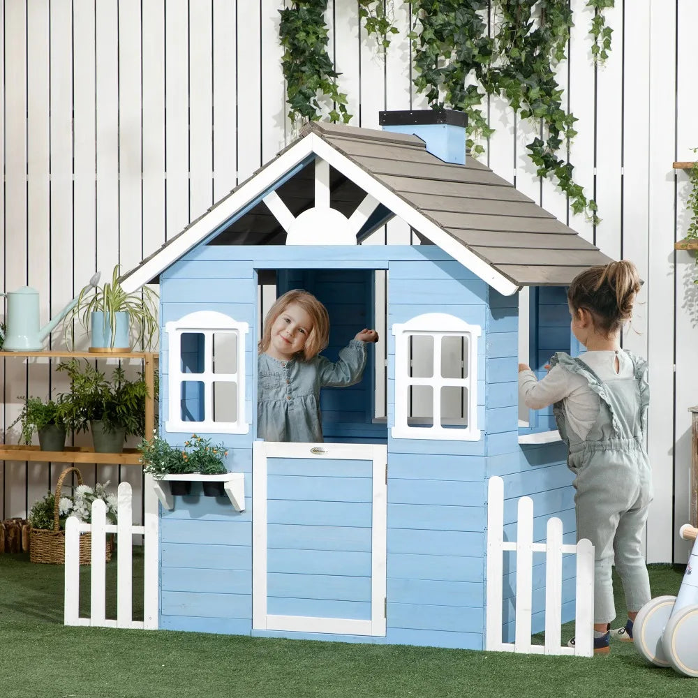 Wooden Outdoor Playhouse for Kids - Country Style Playhouse with Flower Pot Holders, Working Door, Windows