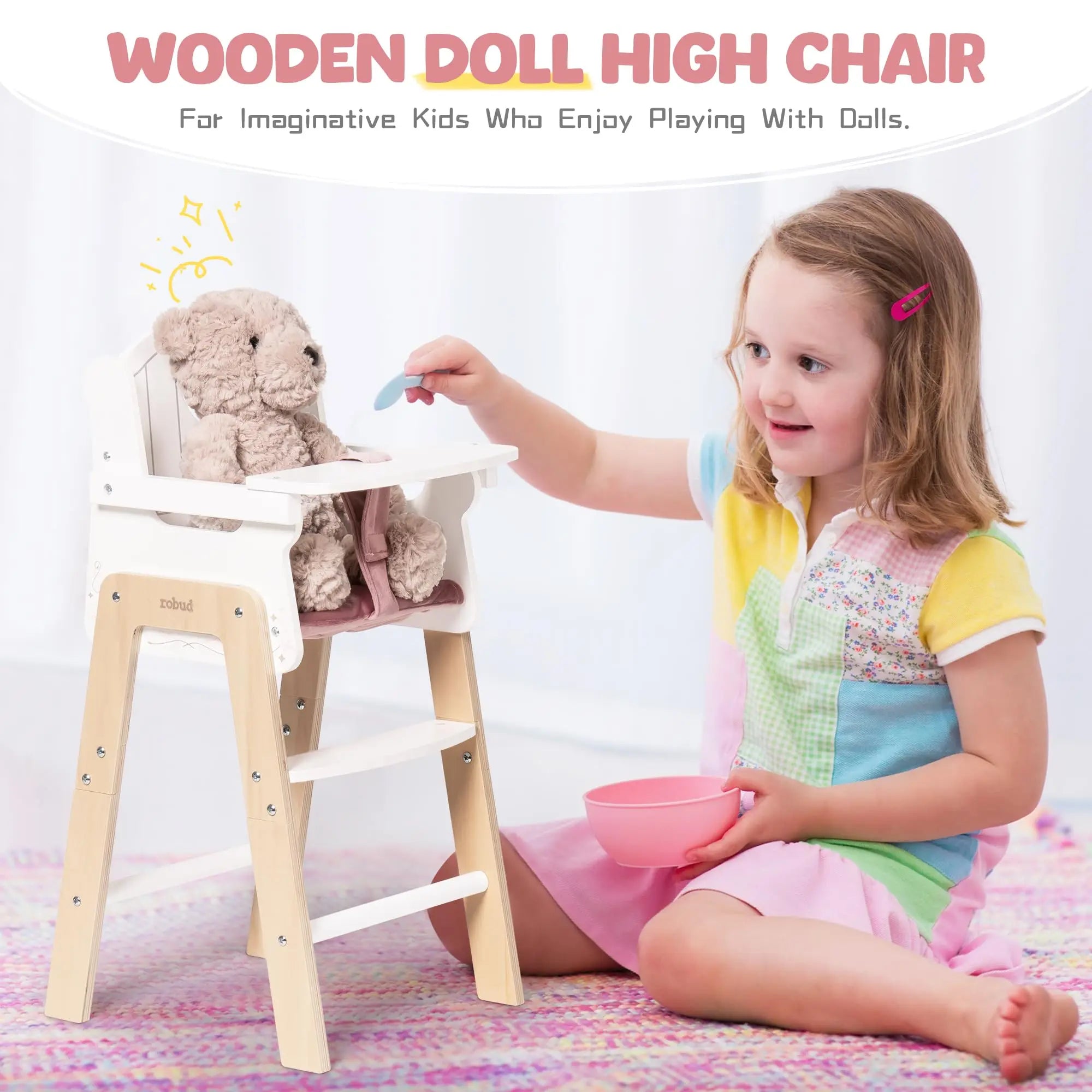Wooden Pretend Play High Chair for 18-20" Dolls with Cushion and Movable Table for Girls.