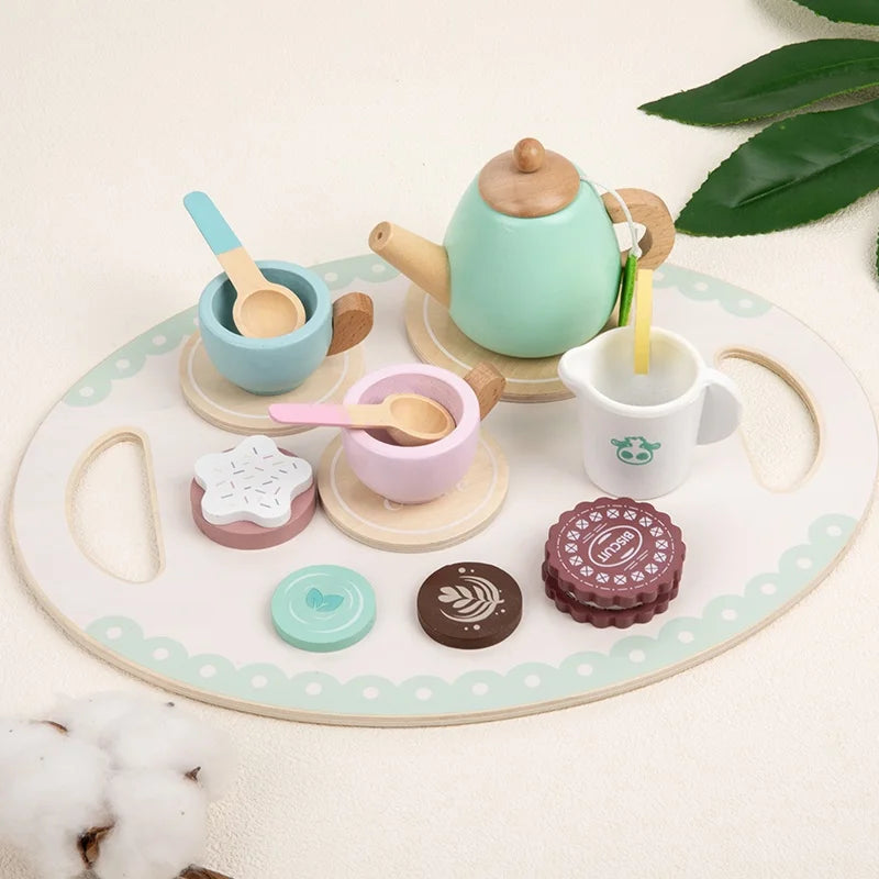 Wooden Montessori Tea Set Party Pretend Play Toy - Tableware & Dessert.