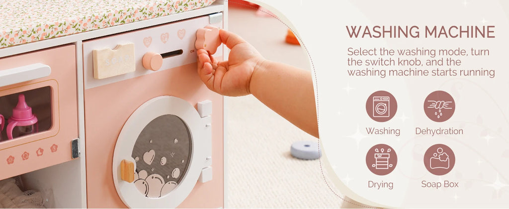 Wooden Pretend Play 2 in 1 Baby Doll Crib Changing Station with Seat and Accessories for Girls.