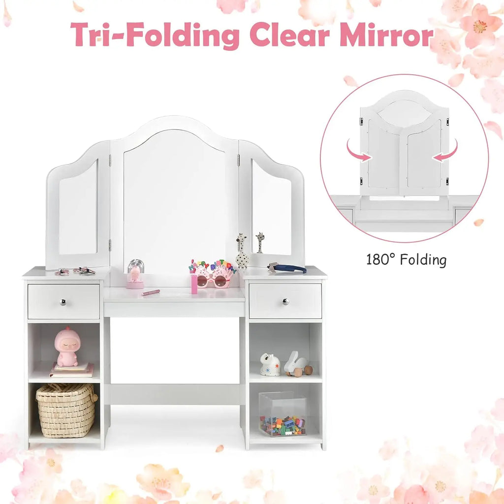 Wooden Girls Vanity - 2 in 1 Princess Makeup Desk & Chair Set with Tri-Folding Detachable Mirror and Large Storage Shelves.