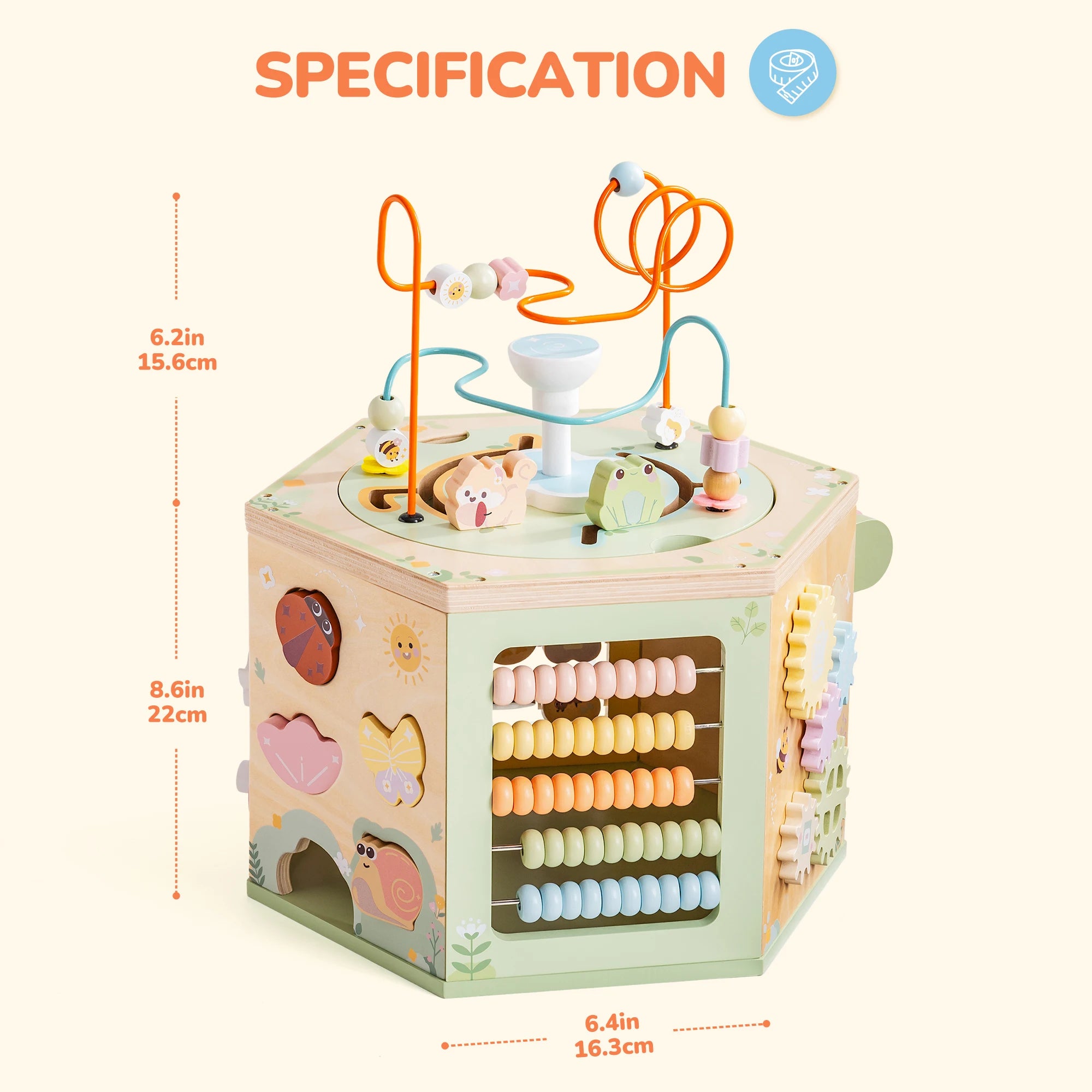 Wooden Educational 13 in 1 Montessori Baby Activity 6 x Sided Busy Cube Toy for Toddlers