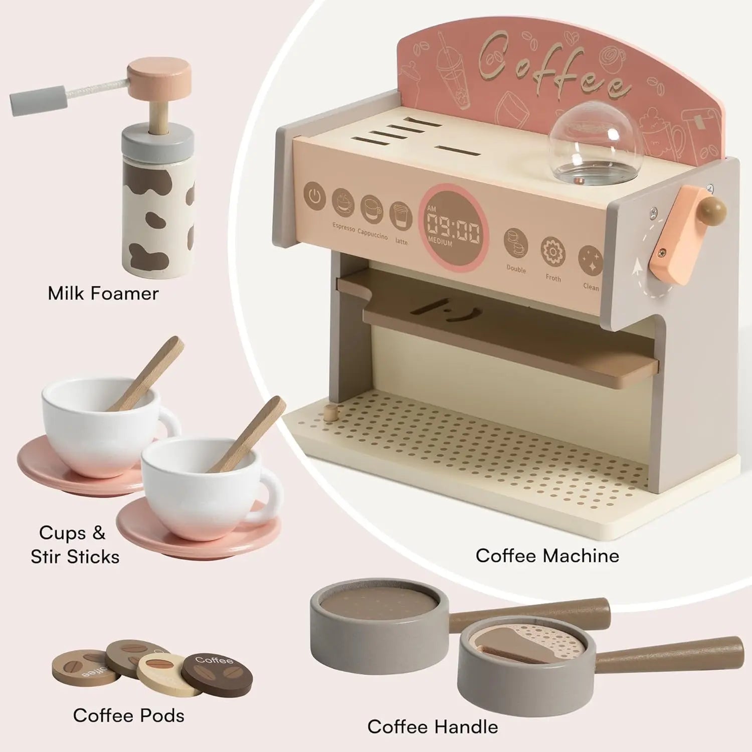 Wooden Montessori Pretend Play Coffee Espresso Machine for Kids.
