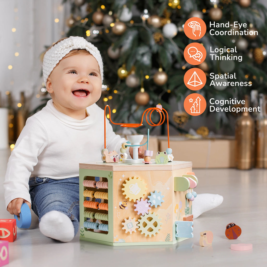 Wooden Educational 13 in 1 Montessori Baby Activity 6 x Sided Busy Cube Toy for Toddlers