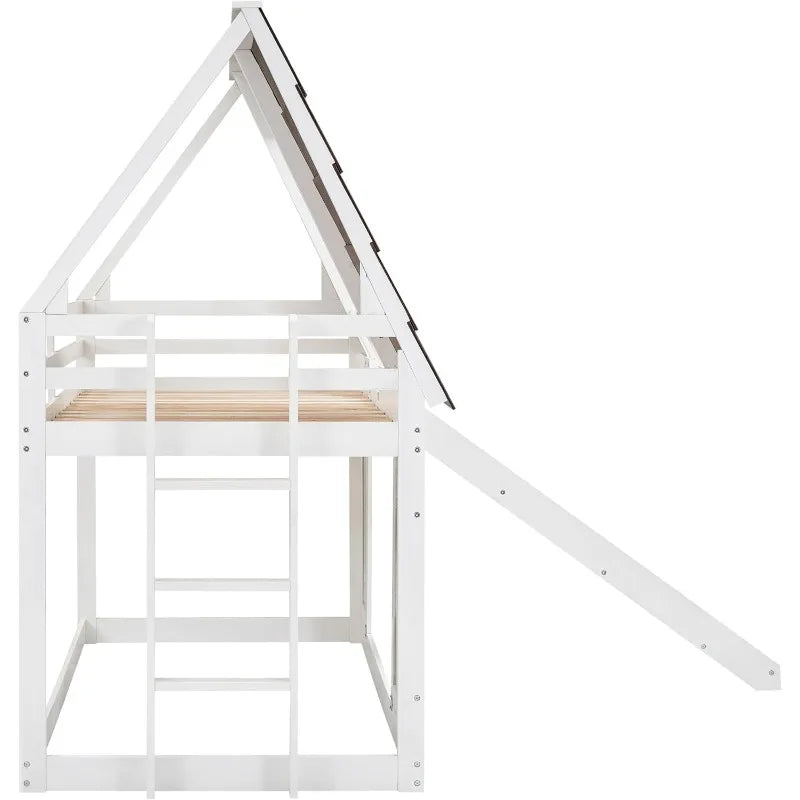 Wooden Twin Over Bunk Bed Frame with Roof, Window, Ladder and Slide for Boys and Girls