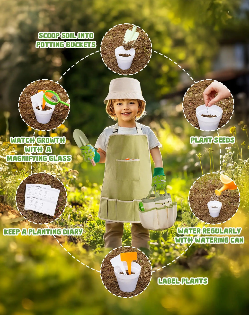 Wooden Montessori Pretend Play Gardening Tool Kit with Tools for Kids.