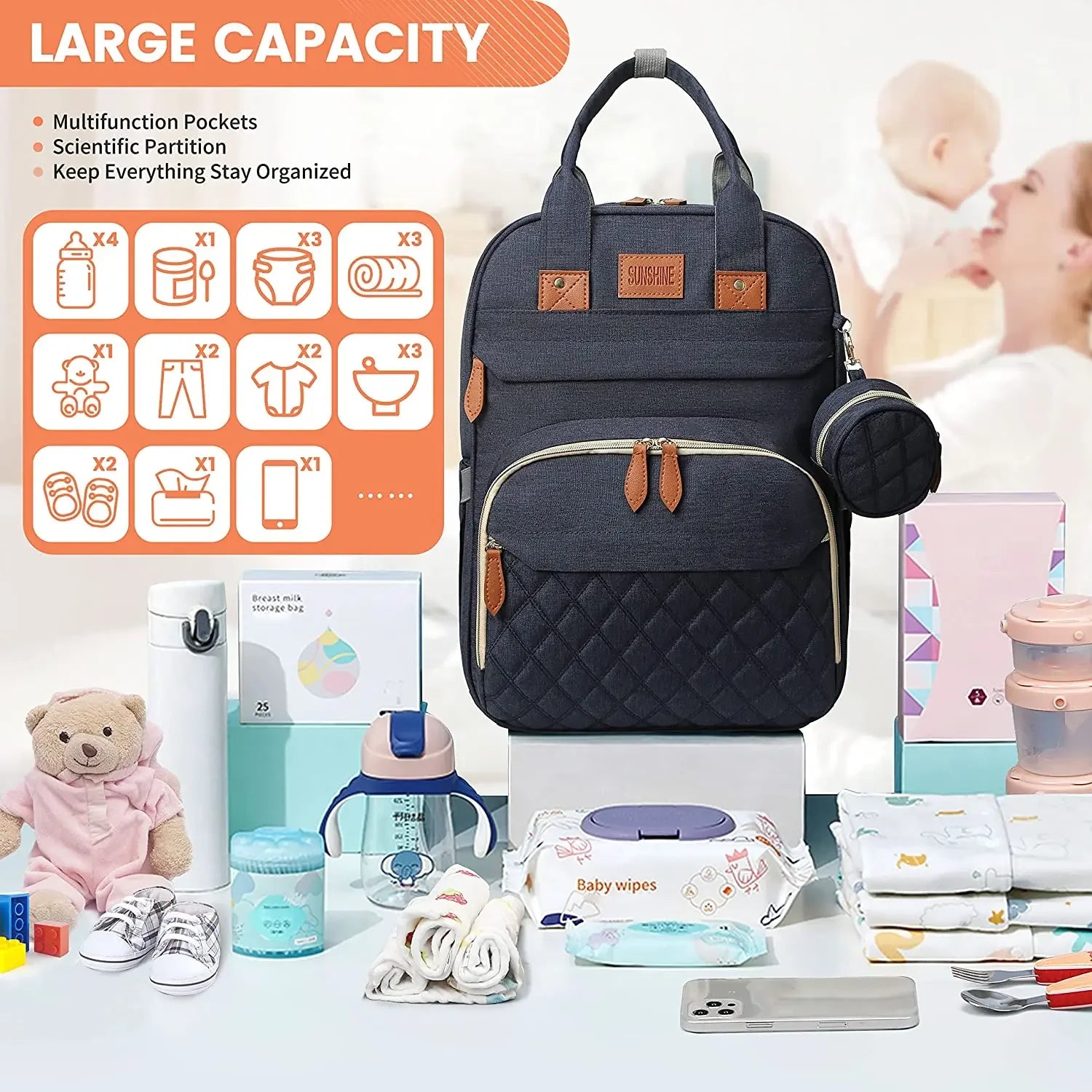 Diaper Bag with Changing Station - Large Waterproof 3 in 1 Baby Diaper Backpack with Foldable Changing Pad with USB Charger.