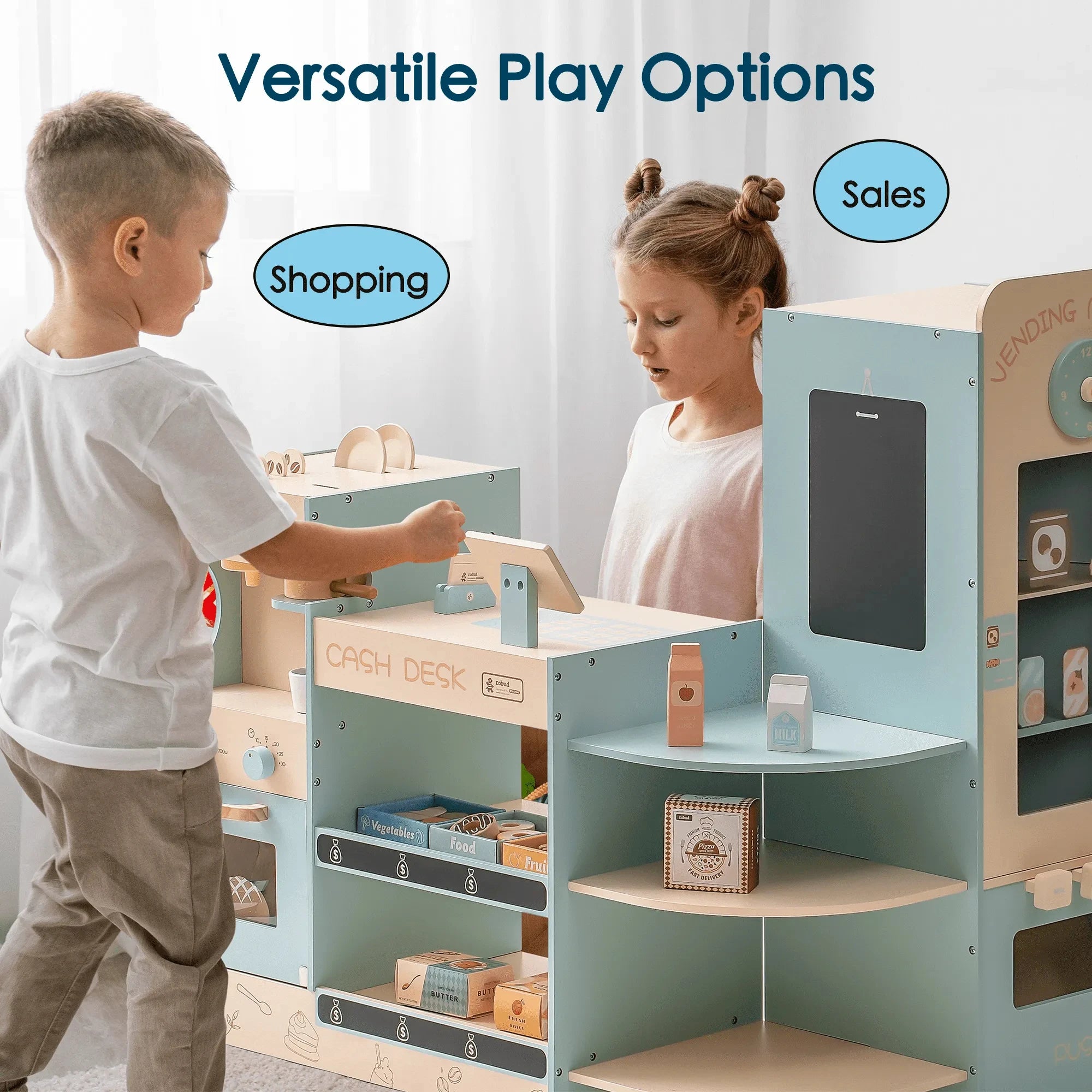 Wooden Montessori Educational Supermarket Pretend Playset with Cash Register, Vending and Coffee Machine and Accessories.