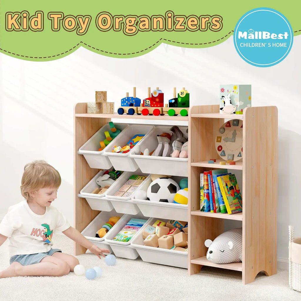 Wooden 4-Tier Kids Toy Storage Organizer Shelf - with 9 Plastic Bins and 3 Shelves.