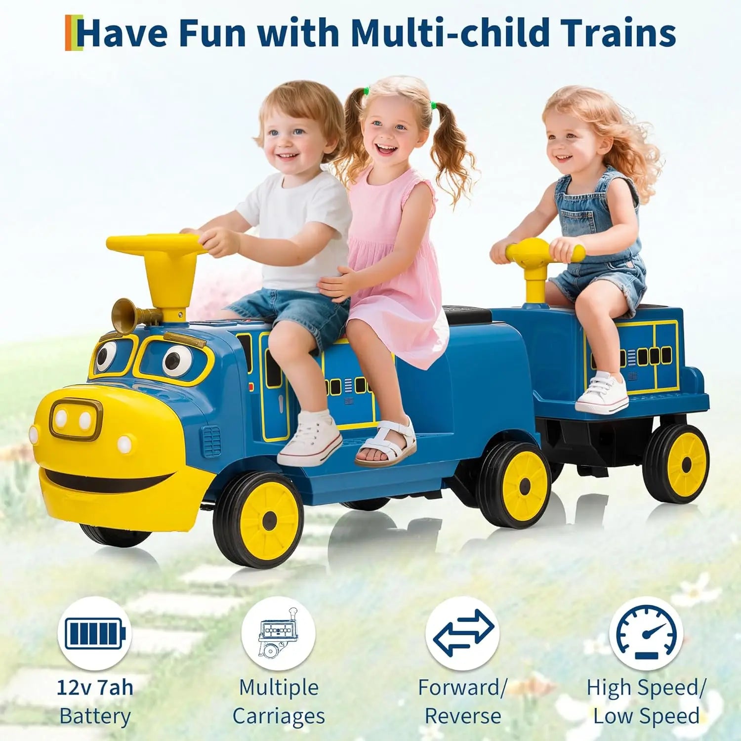 2 Seater Ride On Trackless Train - 12V Battery Operated Kids Ride On Toy with Height Adjustable Seat, Storage Space and add-on Carriage.