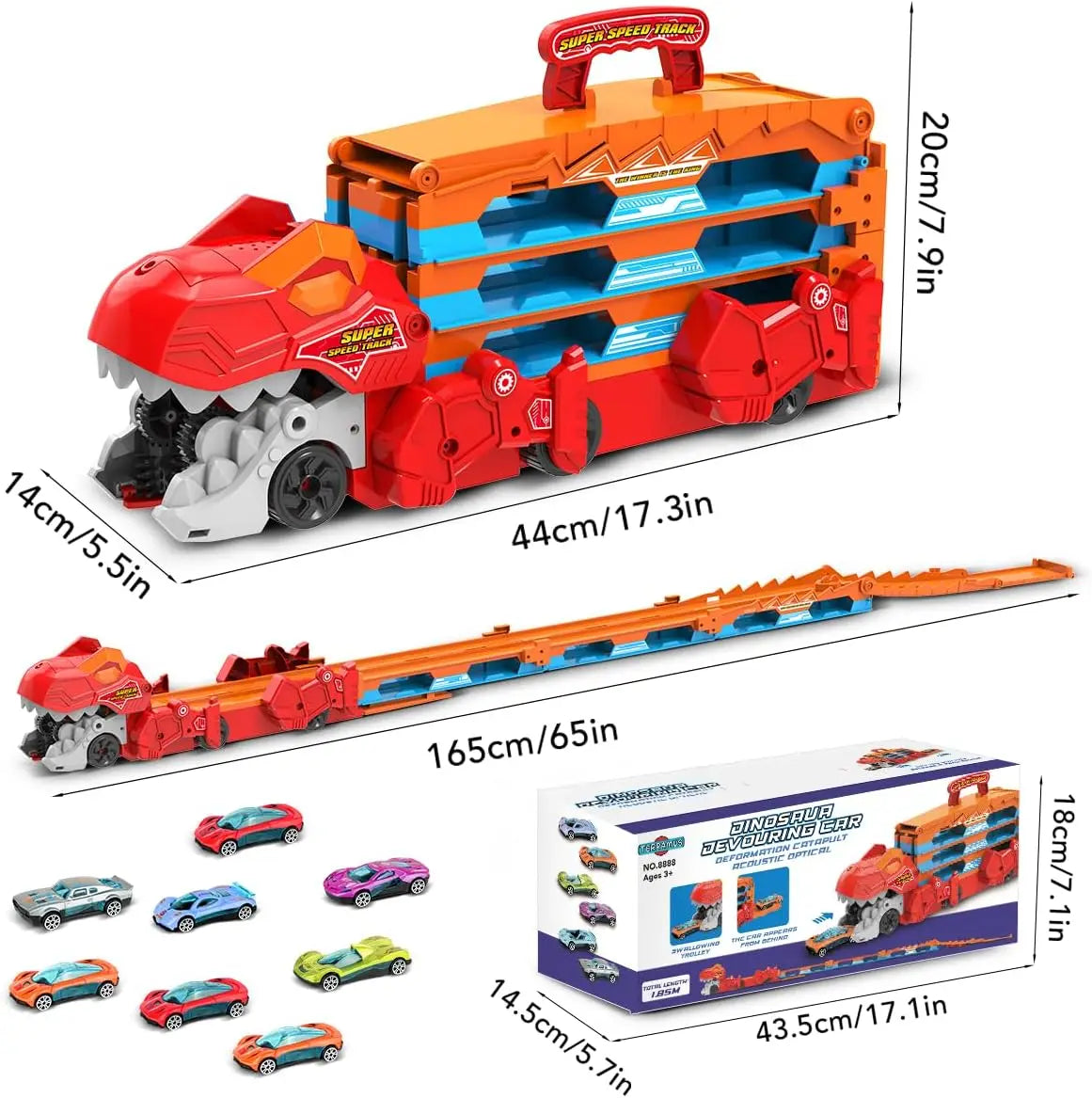 Dinosaur 3-In-1 Transport Truck Toy for Boys Age 3+ - 8 Race Cars Ejection Folding Portable ck Toy with Sound for Kids